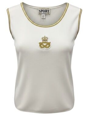 Sunny South White Tank Top with Gold Trim and Embroidered Crest Exc. Cond,